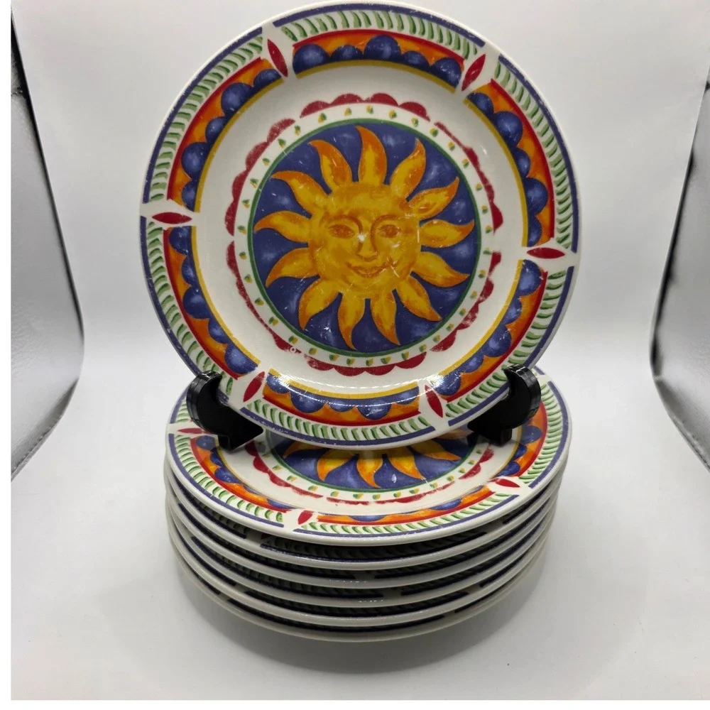 Gibson China Celestial Sun Salad Plates Set of 6 Hand Painted Sunface Ceramic
